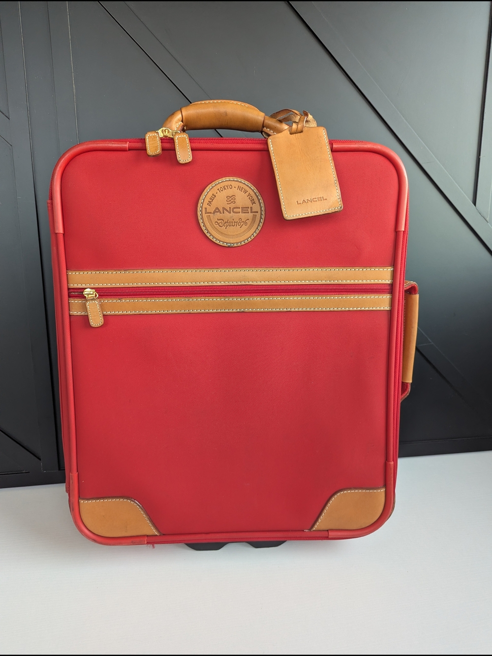 Lancel Red Travel Carry-On with Tan Leather Trim